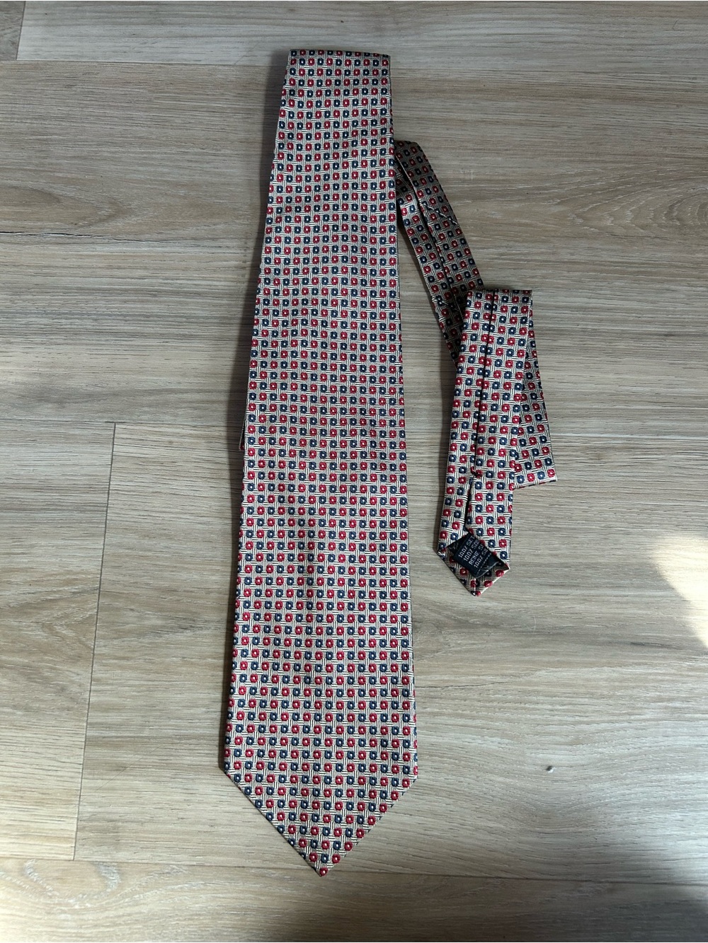 Neiman Marcus Beige Silk Tie with Red and Blue Micro-Pattern
